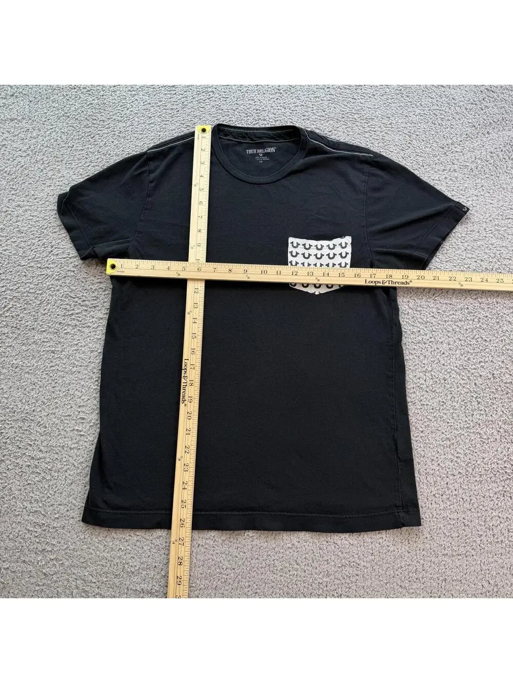 True Religion Horseshoe Monogram Pocket Tee Black Cotton T Shirt Small